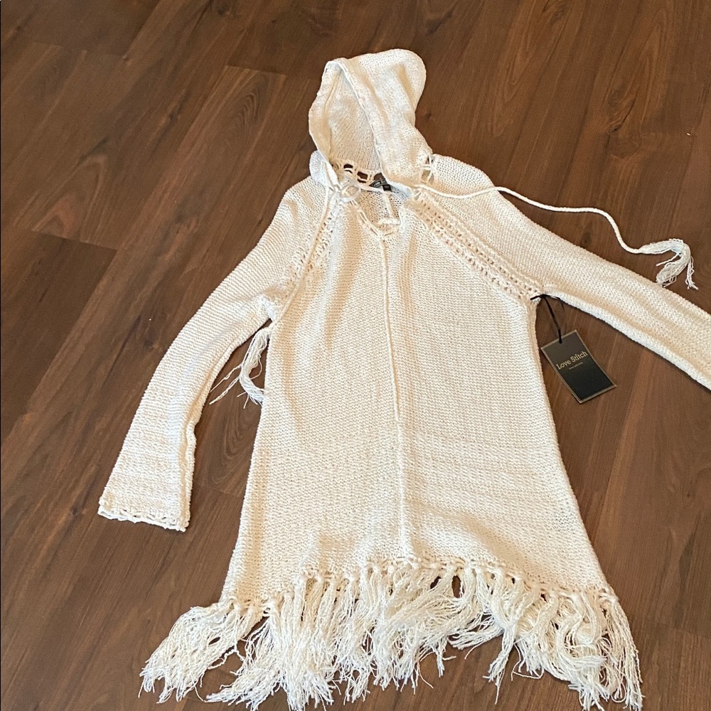 LOVESTITCH Cream  pullover fringe hooded sweater